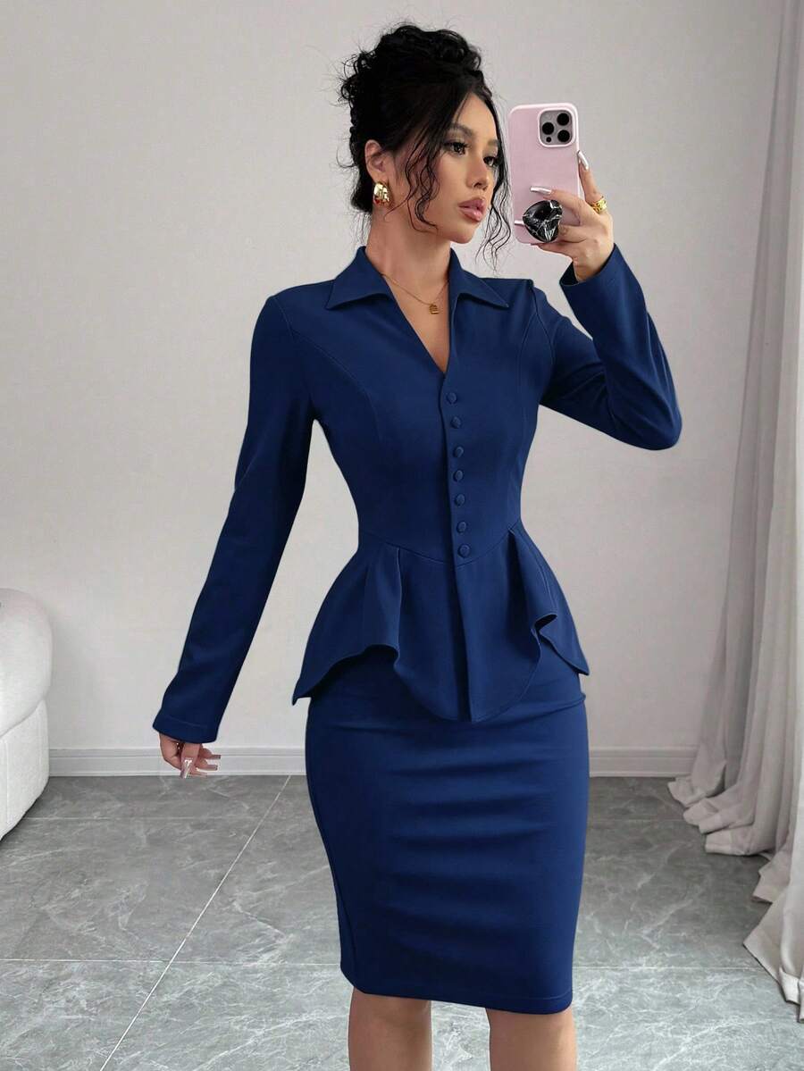 Elenzga Women's Waist Cinched V-Neck Top And Bodycon Skirt Set, Autumn/Winter - Navy Blue - View 1