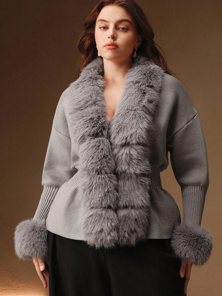 Plus Size Women Cardigan, Elegant High-End Custom Detachable Fur Collar Waist Gathered Sequin Knit Sweater, Autumn/Winter