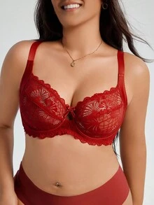 DesireSculpt 1 pieza Sujetador rojo sexy y romántico de encaje y parches para mujer de talla grande - Rojo - Ver 6