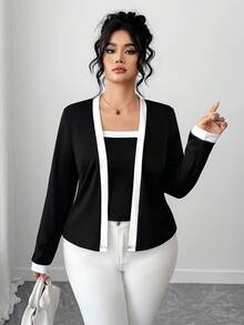 Elenzga Plus Size Elegant Commuter Color Block Trim Jacket & Camisole 2 Pieces Set - Black and White - View 6