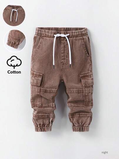 SHEIN 男童复古休闲街头风格宽松舒适多口袋抽绳腰部松紧袖口水洗浅蓝色牛仔工装裤