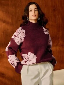 Anewsta 酒红色花卉浪漫优雅水钻装饰套头毛衣，适合通勤、狂欢节、情人节等场合。 - 酒紅色 - 查看 6