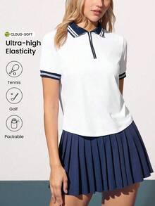 CourtClass Women's Contrast Collar & Cuff Short Sleeve Sports Polo Shirt Women Tennis Tops Women Tennis Shirt