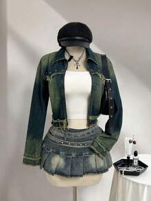 Elamini 女式破洞牛仔短夹克，街头风格，秋季 - 藍色 - 查看 1