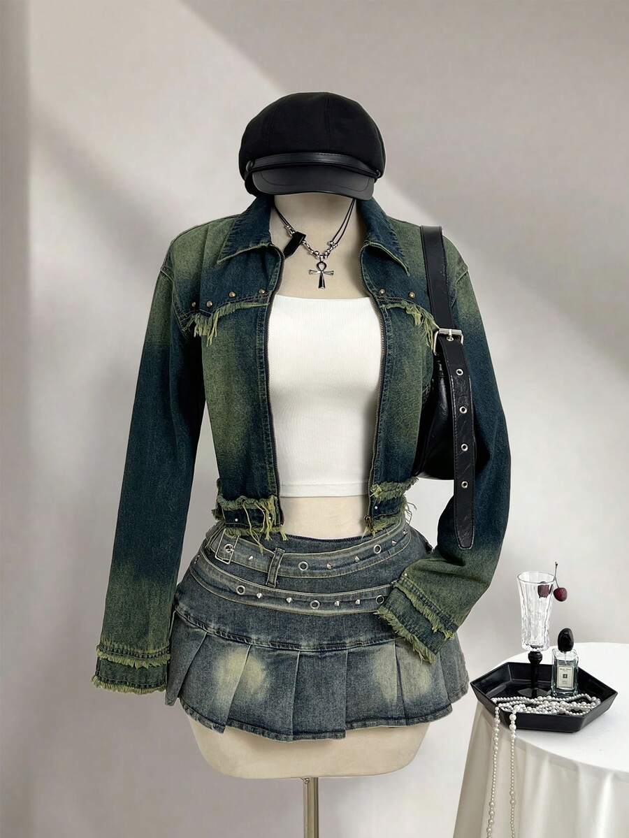 Elamini 女式破洞牛仔短夹克，街头风格，秋季 - 藍色 - 查看 1