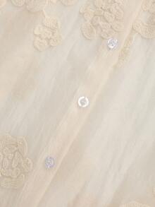 SHEIN LUNE 大码女式针织系带袖口长袖衬衫，复古风，夏季，90年代复古风，春假，伊比沙岛版型，海滩/海滩夏季波西米亚风复古风夏季春假锐舞节春假 - 淡黃色 - 查看 4