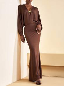 Zivah 2025 Herbst/Winter & Sommer Neuerscheinung Musikfestival, Ostern, St. Patrick's Day, Western, Nomadisch, Geburtstags-Party, Abschluss, College Stil, Student, Alltags Lässig, Basic Vielseitig, Lässig, Urlaub, Kreuzfahrt Reise, Strand, Sonnenbaden, Viral, Streetwear, Strand Urlaub/Party/Date, Fledermausärmel Tiefer V-Ausschnitt, Langarm Schlitz Midi Kleid - Braun