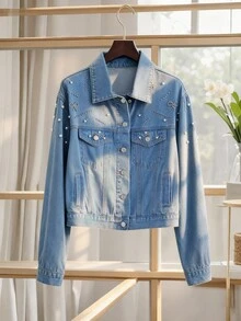 GlowEve Women's Faux Pearl Front Button Fashionable Long Sleeve Denim Jacket And Coat