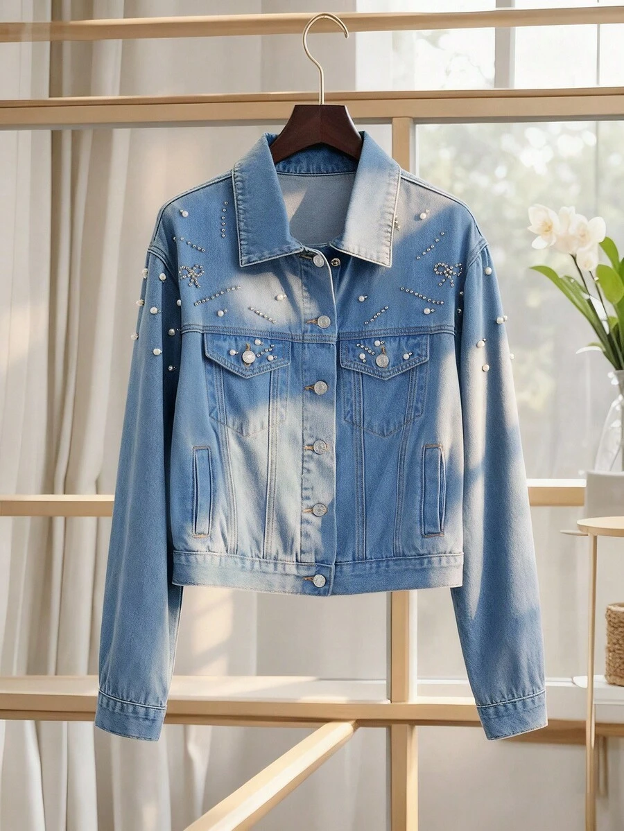 GlowEve Women's Faux Pearl Front Button Fashionable Long Sleeve Denim Jacket And Coat