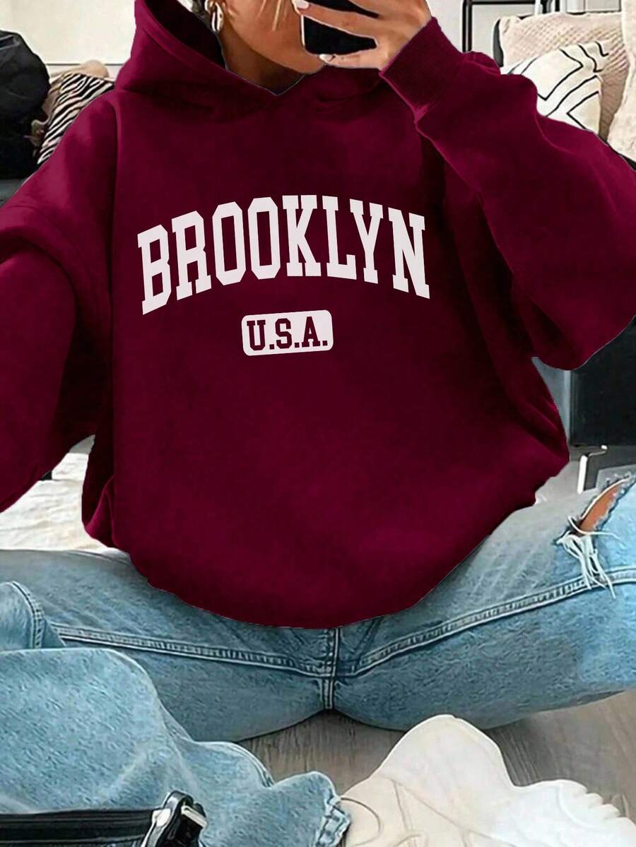 少女款“BROOKLYN”休闲字母印花卫衣，时尚独特，四季皆宜，酒红色卫衣，日常穿着舒适，时尚卫衣 - 紅色 - 查看 1