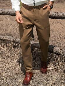 Manfinity Nomadique Men Solid Color Pocket Straight Loose Casual Pants, Fall - Army Green - View 6