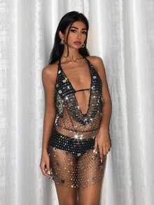 EgrlEra Women's Rhinestone Sequin Party Mini Dress, Suitable For Party Outfit - Black - View 1