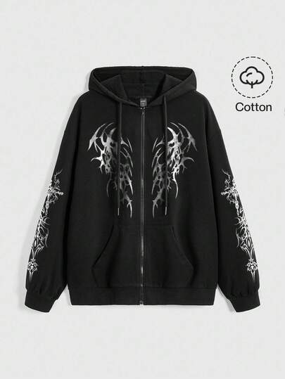 Grunge Punk Punk Y2K Subculture Streetwear Oversized Zip-Up Hoodie For Women, Black & Gray, Graphic Print, Zipper, Pockets