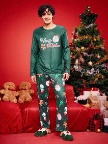 SHEIN Conjunto de pijama de Navidad con elementos para hombres de talla grande - Verde - Ver 4