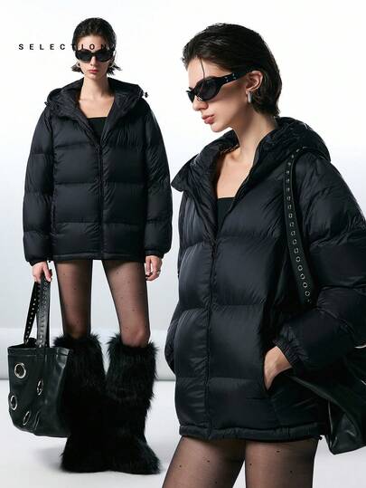 LYSMO SELECTION 2025 New Arrive Minimalism Winter Women's Solid Color Long Sleeve Zipper Front Casual Hooded Down Jacket Warm For Going Out Outfits, Streetwear, And Stockholm Style New Year Outfits