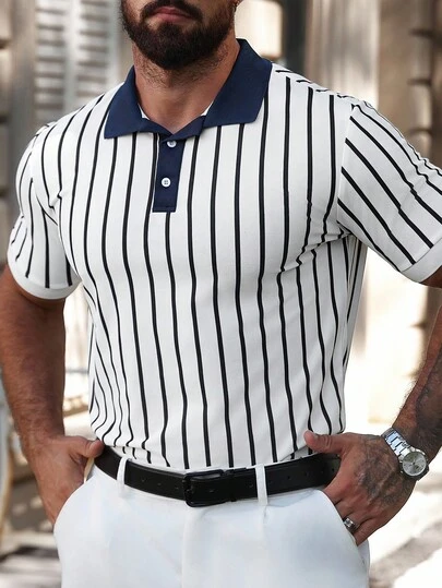 Manfinity Mode 男式休闲拼色条纹短袖 Polo 衫