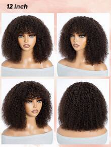 Density Pro 深棕色非洲卷发鲍勃假发，带刘海，真人发质蓬松卷发鲍勃刘海假发，无胶可戴鲍勃假发 - S2 - 查看 5