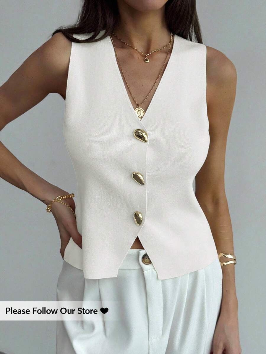 Aloruh Women's Solid Color V-Neck Front Button Casual Fashion Sweater Vest Summer Holiday Simple Commuter Sweater Vest With Unique Metal Buckle Office