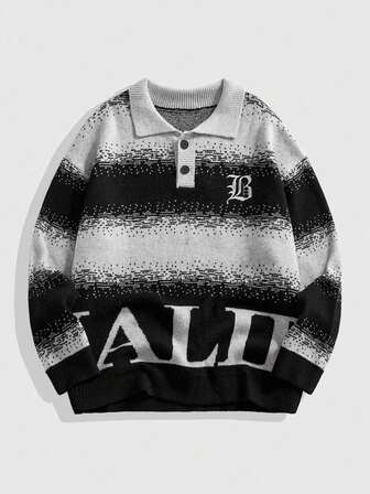 Street Life Men's Polo Collar Letter Jacquard Knit Sweater, Fall/Winter