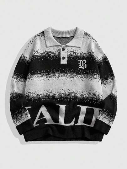 Street Life Herren Polokragen Buchstaben Jacquard Strickpullover, Herbst/Winter