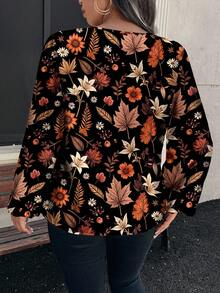 EMERY ROSE 休闲优雅枫叶花卉图案圆领长袖大码衬衫，适合春秋季节 - 彩色 - 查看 3