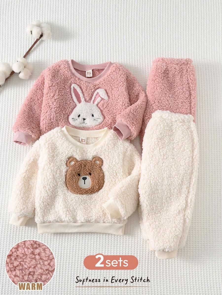 Cozy Pixies 4件套女婴卡通动物印花柔软针织圆领长袖运动衫和松紧腰裤套装 - 粉色 - 查看 1