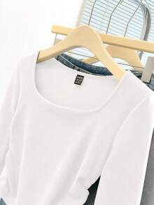 Franclia 女式休闲纯色简约方领羊毛保暖T恤，秋冬 - 白色 - 查看 8