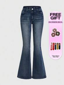 ROMWE Quần jean ống loe thêu cổ điển phong cách Punk Chic PETITE dành cho phụ nữ nhỏ nhắn - Rửa trung bình - Xem 5