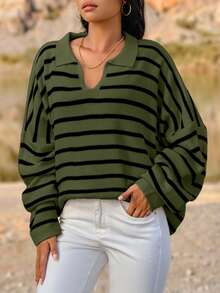 EURMUSE Plus Size Casual Loose Striped Pullover Sweater With Half-Zip - Green - View 3