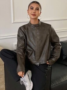 Livesso 女士秋季PU皮休闲常规立领夹克女式外套 - 咖啡棕 - 查看 6