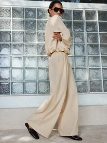 Lumivelle Women's Casual Loose Relaxed Stand Collar Minimalist High-Sense Commuting Style Shirt And Pants Set - Apricot - View 7