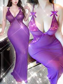 Vibekara Vestido ajustado sexy de talla grande con escote en V, parches de encaje, decoración de lazo, mangas de murciélago, que estiliza y define la cintura - Morado - Ver 1