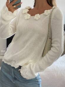 DAZY Suéter de manga larga con cuello redondo y decoración floral 3D para mujer, otoño/invierno - Blanco - Ver 7