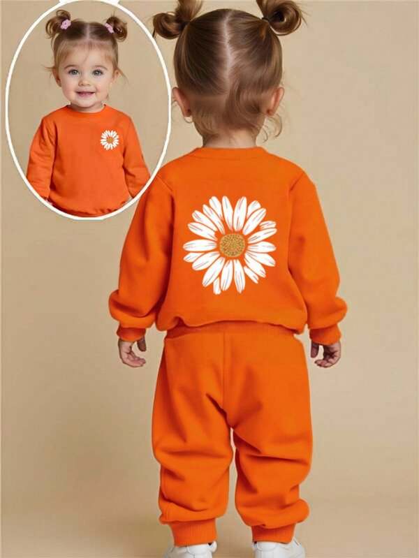 2pcs/Set Baby Girl Cute Floral Print Casual Crew Neck Long Sleeve Sweatshirt And Pants Set, Suitable For Autumn/Winter