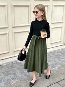 SHEIN Tween Girls' Elegant Casual Knit Green Patchwork Long Sleeve Dress Autumn Winter Tween Girls Dress With Belt - Black - View 5