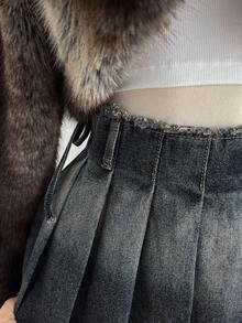 SHEIN Tall Women's Frayed Waist Pleated Denim Mini Skirt - Black - View 7