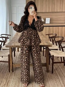 Weeklong Plus Size Women Elegant Leopard Print Flare Sleeve Shiny Fabric Dress, Suitable For Office, Party, Banquet - Multicolor - View 3