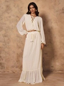 Chiquease 女士优雅休闲宽松系腰灯笼袖提花长裙两件套 - 白色 - 查看 1