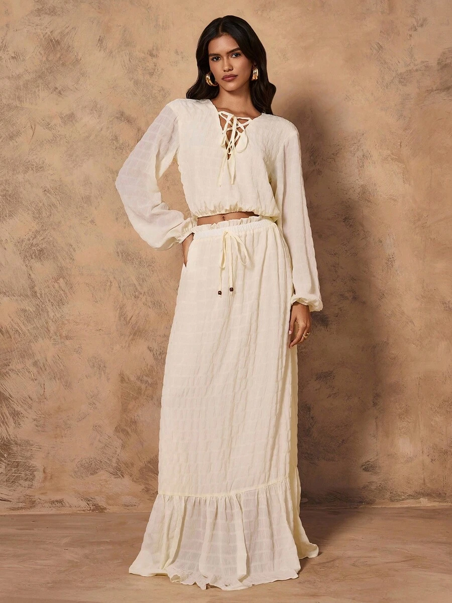 Chiquease 女士优雅休闲宽松系腰灯笼袖提花长裙两件套 - 白色 - 查看 1