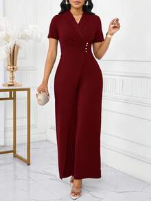 SHEIN Lady 女士纯色交叉裹身无袖连体裤，优雅夏日 - 酒紅色 - 查看 4