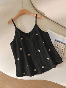 CosyJoli Áo hai dây in hình trái tim mùa hè cỡ lớn dành cho nữ, một hàng khuy - màu đen - Xem 3