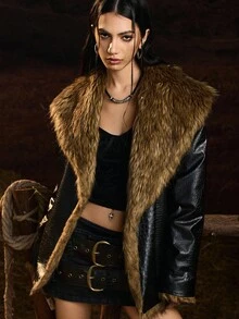 Easelle Women's Fashionable Retro Faux Fur Leather Jacket Reversible Women's Winter Coat Artificial Fur Provides Warmth And Comfort - Black - View 11