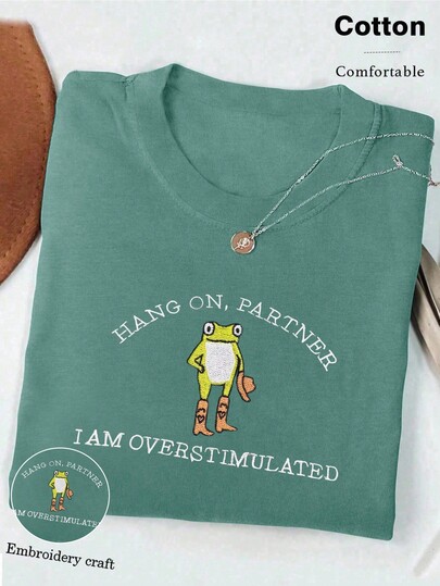 Hold On Partner Embroidered T-Shirt, Cowboy Frog Crazy Shirt, Weird Core Gen Z Graphic Tee For Women