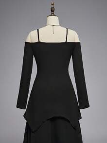 ROMWE Gothic Style Off Shoulder Strap Asymmetric Hem Contrast Lace Long Sleeve Off-Shoulder Women T-Shirt - Black - View 2
