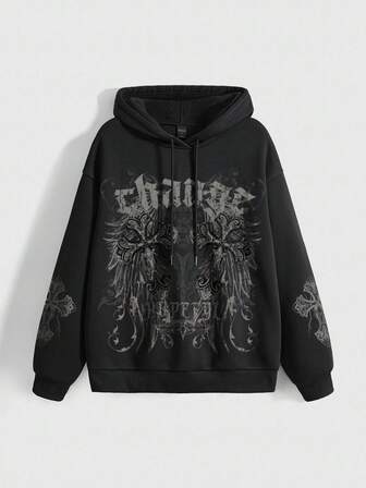 Grunge Punk Sudadera holgada con bolsillo, estampado gráfico de cruz y vid, estilo punk gótico oscuro, color negro para mujer, otoño/invierno