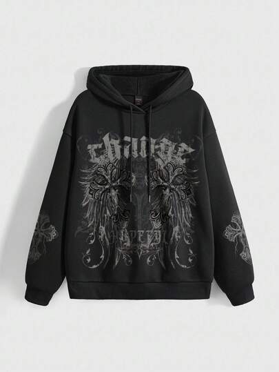 Grunge Punk sweat-shirt à capuche ample avec poche, motif gothique sombre de croix et de vignes, style punk de rue. Couleur noire, pour femmes, automne/hiver