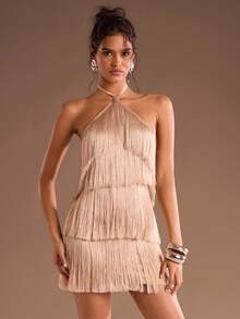 Glamine Women's Solid Color Multi-Layer Fringe Elegant Backless Party Dress, Autumn Women's Wear, Holiday Costume, Halloween Costume, Women's Party Essential, Christmas