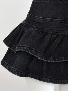 Elamini 女式休闲荷叶边牛仔迷你裙，夏季 - 黑色 - 查看 4