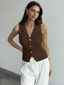 Aloruh Women's Casual Solid Color Front Button Tank Top, Summer In Fall/Winter,Brown Sweater,Brown Top  Knitted Vest, Suitable For Commuting And Office Wear, Simple And Casual, With Unique Metal Buckle. - Coffee Brown - View 4