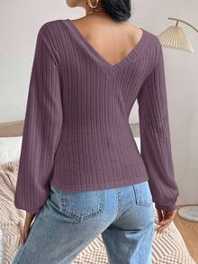 Firerie 女式纯色V领灯笼袖修身时尚T恤 - 紫色 - 查看 2